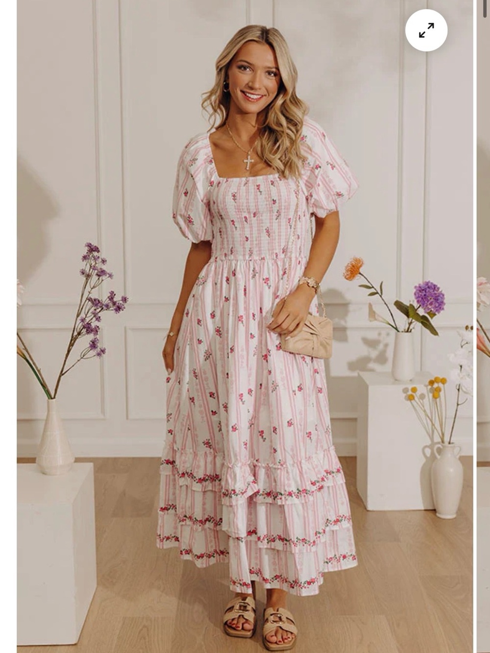 Women's Pink Floral Square-Neck Maxi Dress